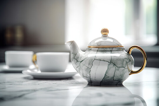 Marble tea kettle with a cup in light interior design, Generative AI