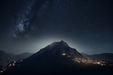 Nighttime Serenity: Snowy Mountain Summit Under Starry Skies