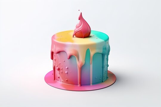 Birthday cake with candle colorful 3d render on isolated background. Delicious party dessert with cream