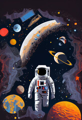 Solar system. Colorful planets, galaxy and universe. Astronaut in space. Space cartoon