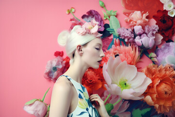 Obraz na płótnie Canvas fashion woman beauty spring portrait girl flower peony bouquet art summer. Generative AI.