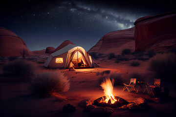 Camper van and fireplace - night mountain, forest background image