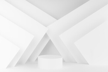 Abstract white stage with one cylinder podium mockup in elegant minimal urban geometric style with...