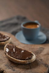 Toasted ciabatta with chocolate hazelnut spread and fresh espresso