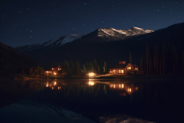Fototapeta premium Reflections of the Night Sky: A View of a Mountain Lake and Illuminated Village
