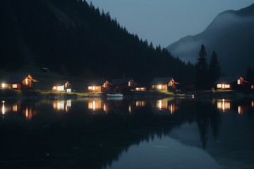 Obraz premium Reflections of the Night Sky: A View of a Mountain Lake and Illuminated Village