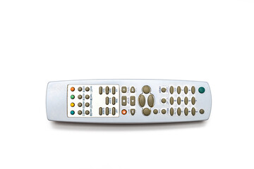 old tv remote with dirty buttons on white background.