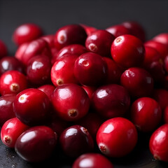 Red cranberries on a black background. Illustration. Ai generation.