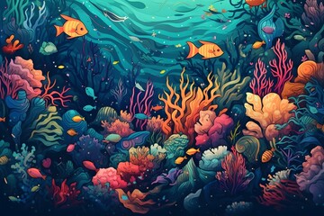 Fototapeta na wymiar underwater world filled with colorful coral reefs and exotic sea creatures, perfect for use in educational materials or travel brochures. generative ai.