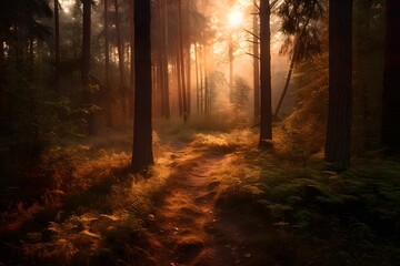 Fototapeta premium forest at sunset, with warm, golden tones and rays of light filtering through the trees. generative ai.