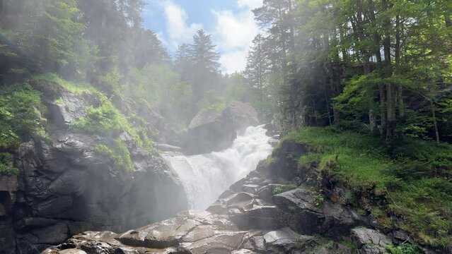 Beautiful scene of the mountain river with waterfalls cascading down surrounded by pine trees