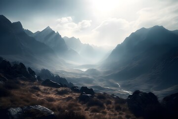 mountain range with a misty, atmospheric feel, featuring dramatic shadows and light reflecting off the peaks. generative ai