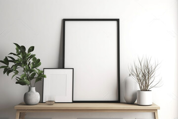design blank picture frame mockup on a white wall,  Generative AI	