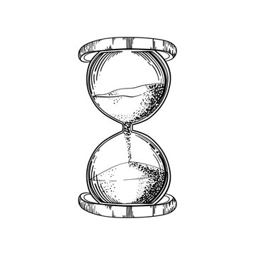 Hourglass. Black and white hand drawn sketch vector illustration isolated on white background, Sand watch glass engraving vector illustration.