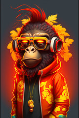 Cool monkey, cartoon colorful monkey with sunglasses nft style, art. Created with generative A