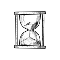 Hourglass. Black and white hand drawn sketch vector illustration isolated on white background, Sand watch glass engraving vector illustration.