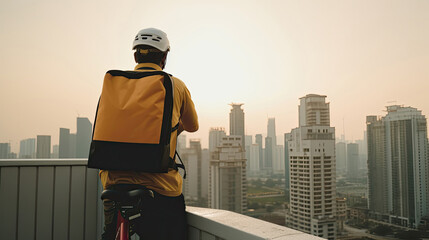 Delivery cyclist with a yellow backpack on city rooftop at dusk.