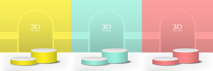 Set of abstract 3D yellow, tosca, red cylinder pedestal podium with abstract backdrop. Pastel minimal wall scene collection. Modern vector 3D rendering platform for product display, mockup, etc.
