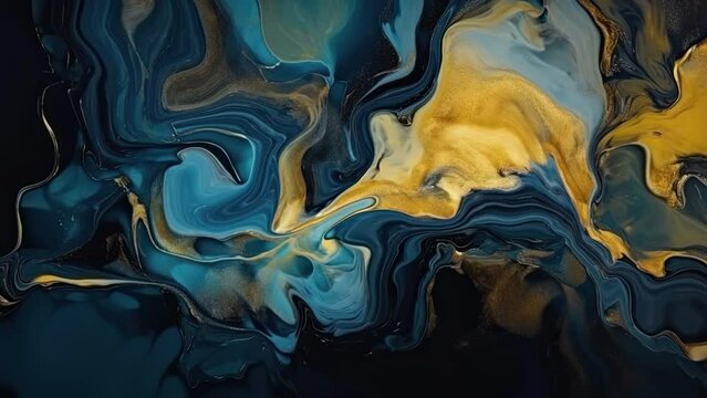 Blue and gold liquid motion video background, slow flow of colours mixing together, coloured water dissolving, movement of fluid material, backdrop for business purposes with alcohol ink texture