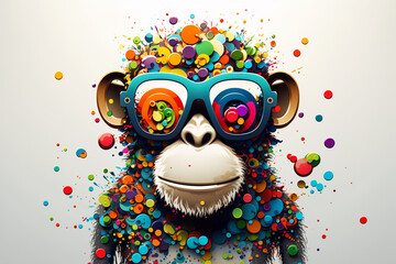 Cartoon colorful monkey with sunglasses on white background, Created with generative AI - obrazy, fototapety, plakaty