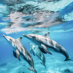 dolphins swimming in the caribbean sea in summer with clear waters