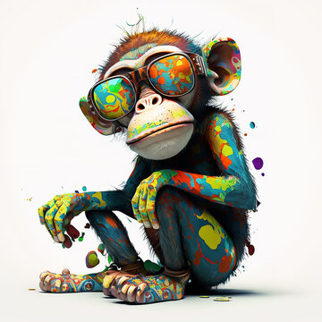 Cartoon colorful monkey with sunglasses on white background, Created with generative AI