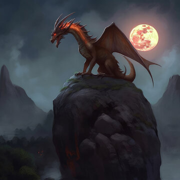 dragon by the light of the full moon in a fantasy world generative ai