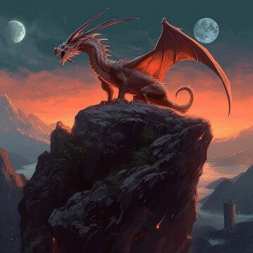 dragon by the light of the full moon in a fantasy world generative ai