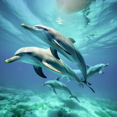 Obraz na płótnie Canvas group of dolphins in the crystal clear water of the caribbean sea in the summer generative ai