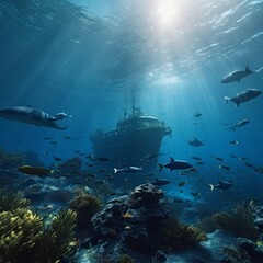 ship wrecked on a coral reef in the caribbean sea in summer