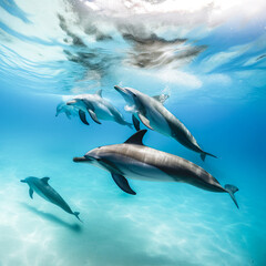 Obraz premium group of dolphins in the crystal clear water of the caribbean sea in the summer generative ai