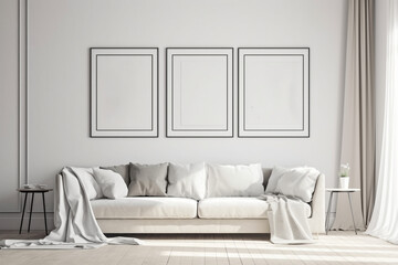 white sofa in a room Blank picture frame mockup on a white wall. Modern living room design. View of modern Scandinavian-style interior with sofa,  Generative AI	
