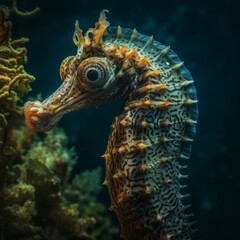 seahorse on the bottom of a coral reef in a tropical sea