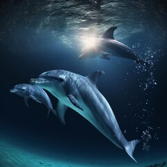 dolphin swimming in the ocean by the light of the full moon 