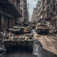 Fototapeta na wymiar tank in a city occupied in a generative war ai