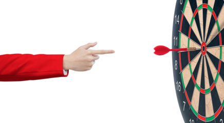 Businessman hand pointing at dart board There is a dart in the center of the bullseye. Business concept. Target. Success. PNG transparent