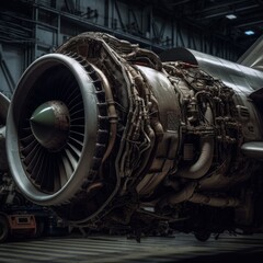 turbine of a jet engine disassembled for repair. Generative AI