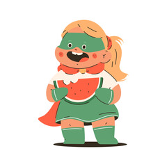 Cute girl in superhero costume eat watermelon vector cartoon kid character isolated on a white background.