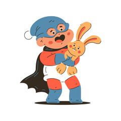 Boy in superhero costume with toy vector cartoon kid character.