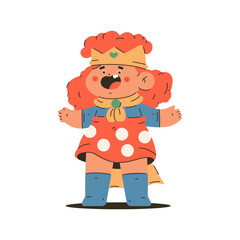 Funny superhero girl in cloak and crown vector cartoon kid character isolated on a white background.