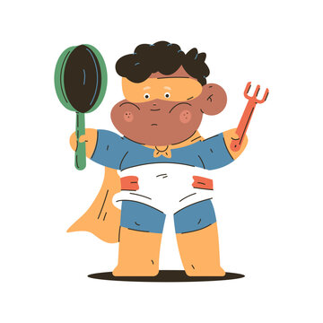 Funny boy in superhero costume with frying pan and fork vector cartoon kid character isolated on a white background.