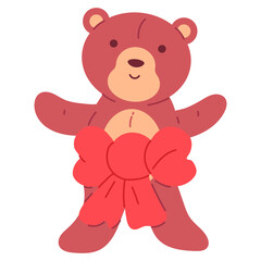Cute bear toy with red bow vector cartoon character isolated on a white background.
