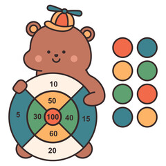 Dart board for kids with cute bear vector cartoon educational game for children illustration isolated on a white background.