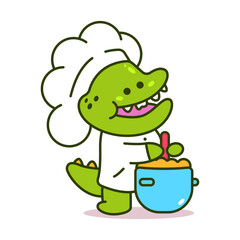 Cute dinosaur cooking vector cartoon character isolated on a white background.