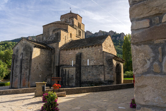 Santa Maria romanesque church in the beautiful village of Santa Cruz de la Seros in a sunny day in Huesca, Arag&oacute;n, Spain.