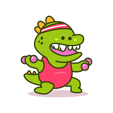 Cute dinosaur doing exercise with dumbbell vector cartoon character isolated on a white background.