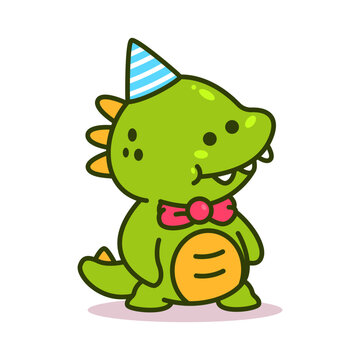 Cute baby dinosaur celebrate birthday vector cartoon character isolated on a white background.