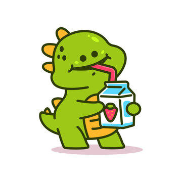 Cute dinosaur drink strawberry milk vector cartoon character isolated on a white background.