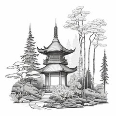 Pagoda with landscape coloring book page (ai generated)