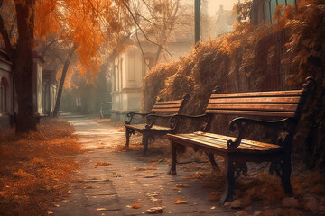 Benches in a park in autumn. Created with Generative AI technology.